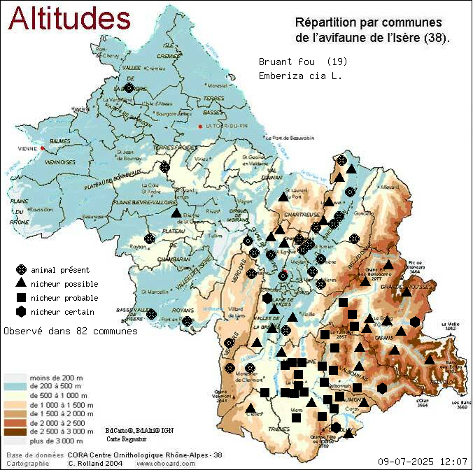 Carte de rpartition par communes en Isre d'une espce d'animal: Bruant fou (Emberiza cia L.) selon Altitudes