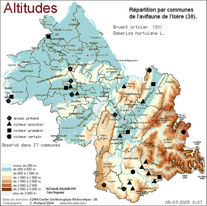 Carte de rpartition par communes en Isre d'une espce d'animal: Bruant ortolan (Emberiza hortulana L.) selon Altitudes