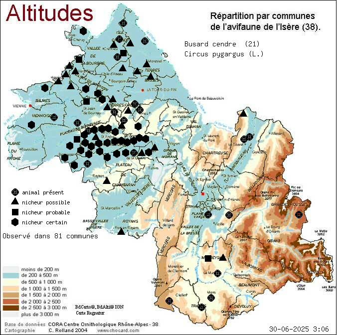 Carte de rpartition par communes en Isre d'une espce d'animal: Busard cendr (Circus pygargus (L.)) selon Altitudes