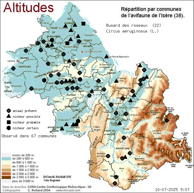 Carte de rpartition par communes en Isre d'une espce d'animal: Busard des roseaux (Circus aeruginosus (L.)) selon Altitudes