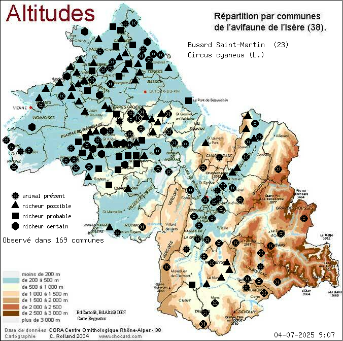Carte de rpartition par communes en Isre d'une espce d'animal: Busard Saint-Martin (Circus cyaneus (L.)) selon Altitudes