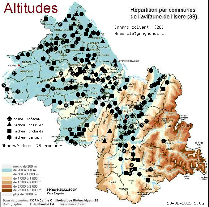 Carte de rpartition par communes en Isre d'une espce d'animal: Canard colvert (Anas platyrhynchos L.) selon Altitudes