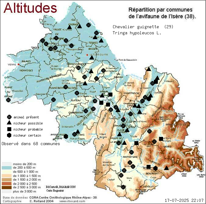 Chevalier guignette (Tringa hypoleucos L.): carte de rpartition en Isre