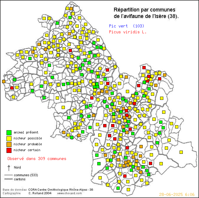 Pic vert (Picus viridis L.): carte de rpartition en Isre