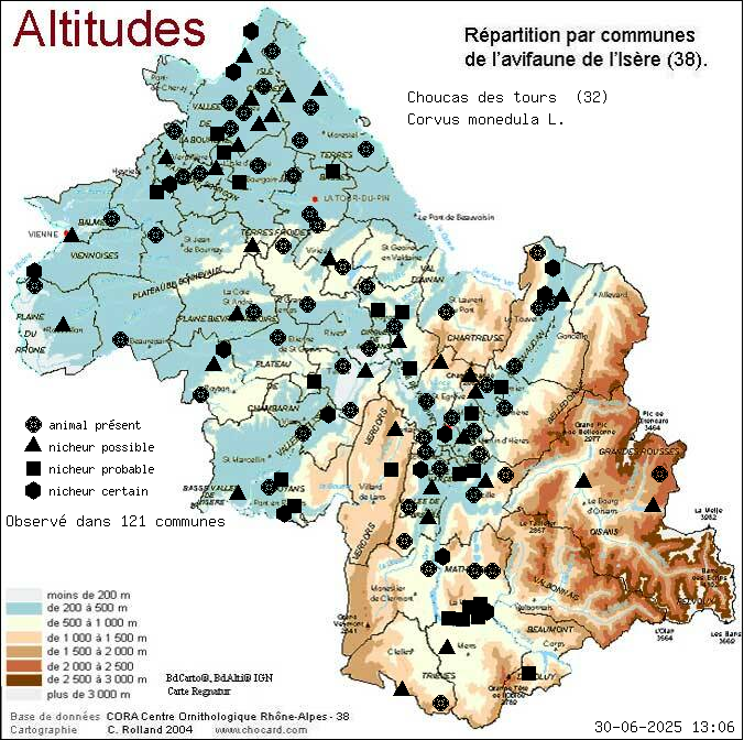Carte de rpartition par communes en Isre d'une espce d'animal: Choucas des tours (Corvus monedula L.) selon Altitudes