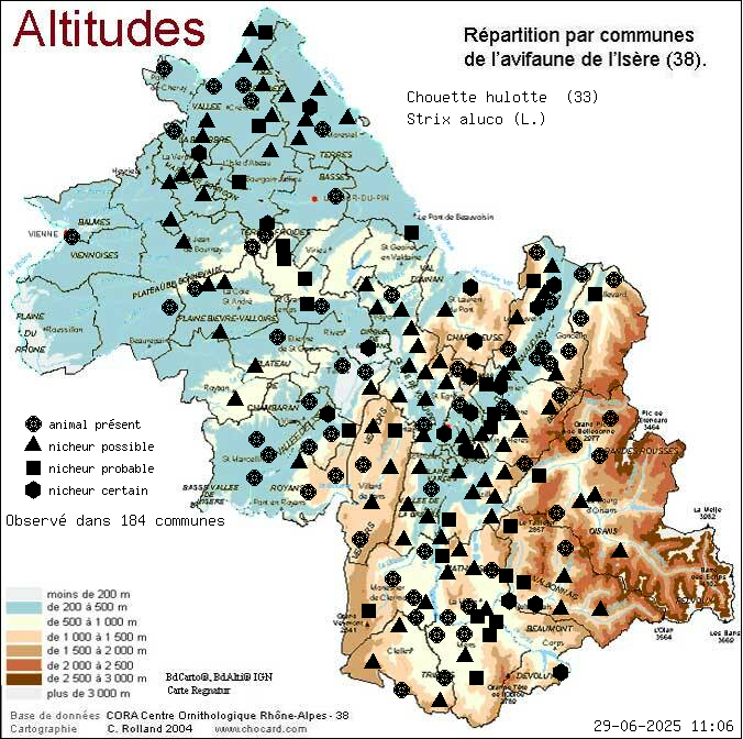 Carte de rpartition par communes en Isre d'une espce d'animal: Chouette hulotte (Strix aluco (L.)) selon Altitudes