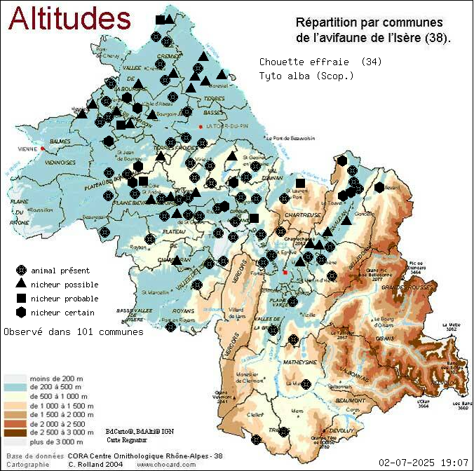 Carte de rpartition par communes en Isre d'une espce d'animal: Chouette effraie (Tyto alba (Scop.)) selon Altitudes