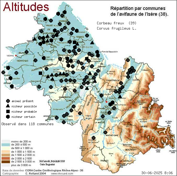 Carte de rpartition par communes en Isre d'une espce d'animal: Corbeau freux (Corvus frugileus L.) selon Altitudes