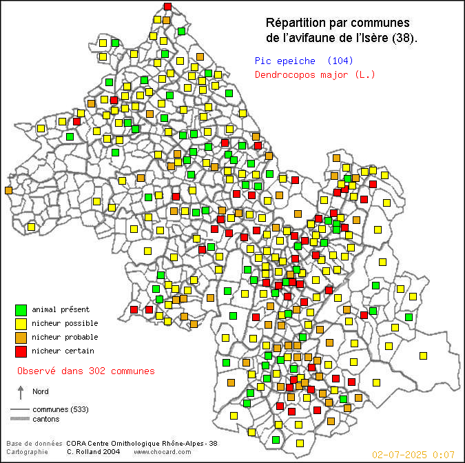 Carte de rpartition par communes en Isre d'une espce d'oiseau: Pic peiche (Dendrocopos major (L.)) selon Communes et cantons