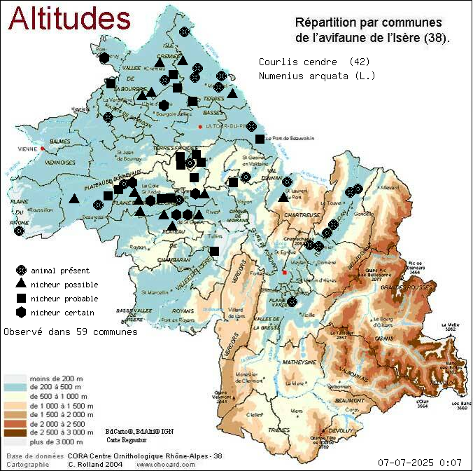 Carte de rpartition par communes en Isre d'une espce d'animal: Courlis cendr (Numenius arquata (L.)) selon Altitudes