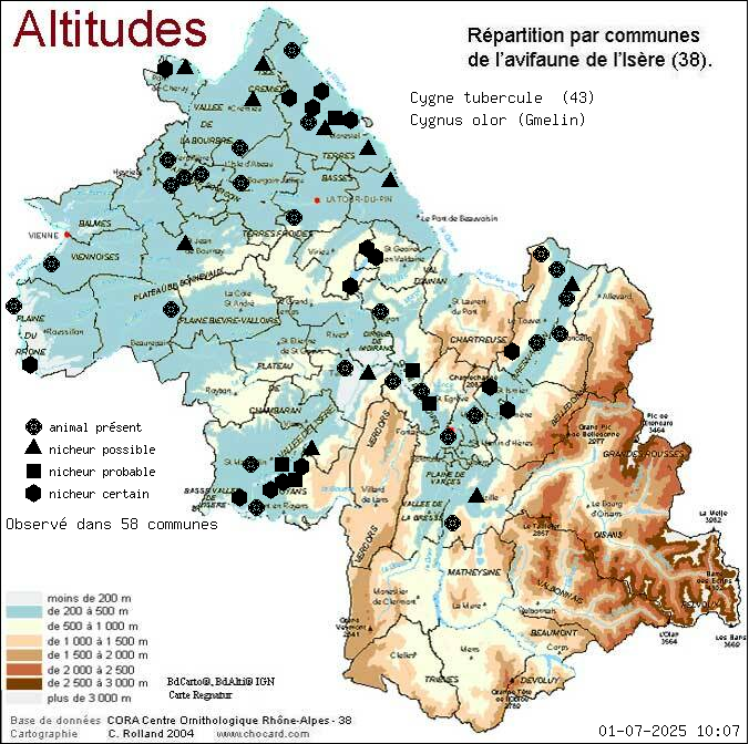 Cygne tubercul (Cygnus olor (Gmelin)): carte de rpartition en Isre