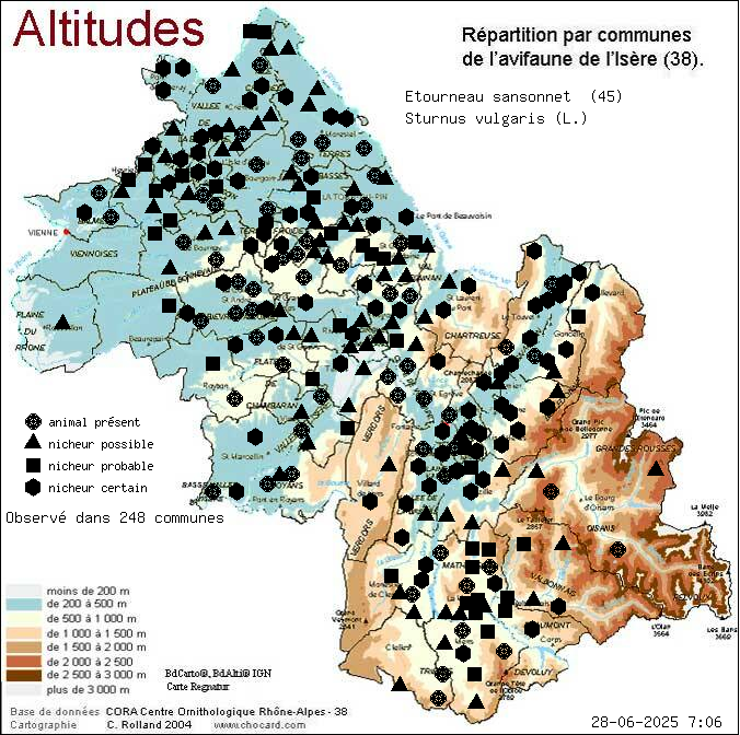 Etourneau sansonnet (Sturnus vulgaris (L.)): carte de rpartition en Isre