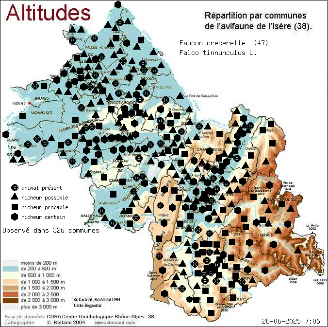 Faucon crcerelle (Falco tinnunculus L.): carte de rpartition en Isre