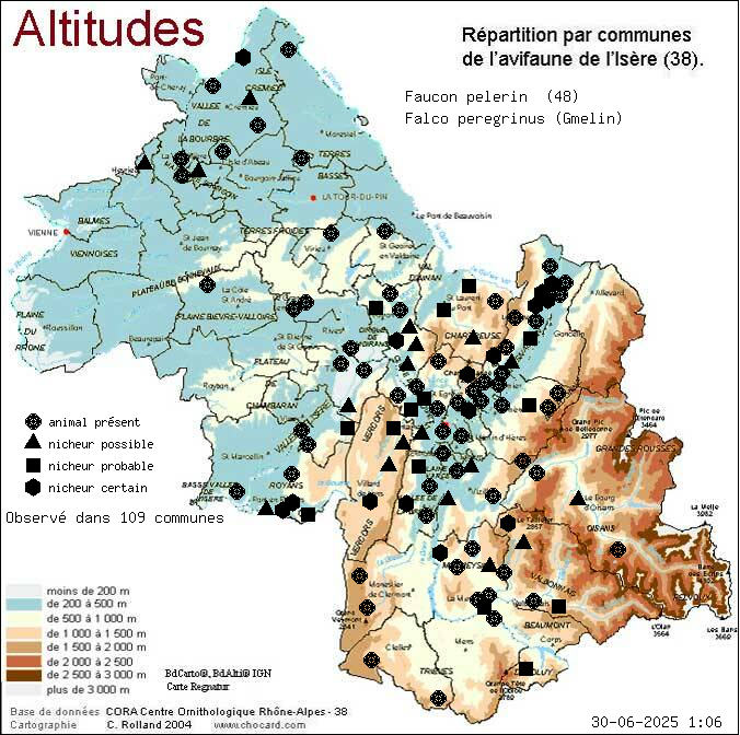 Faucon plerin (Falco peregrinus (Gmelin)): carte de rpartition en Isre