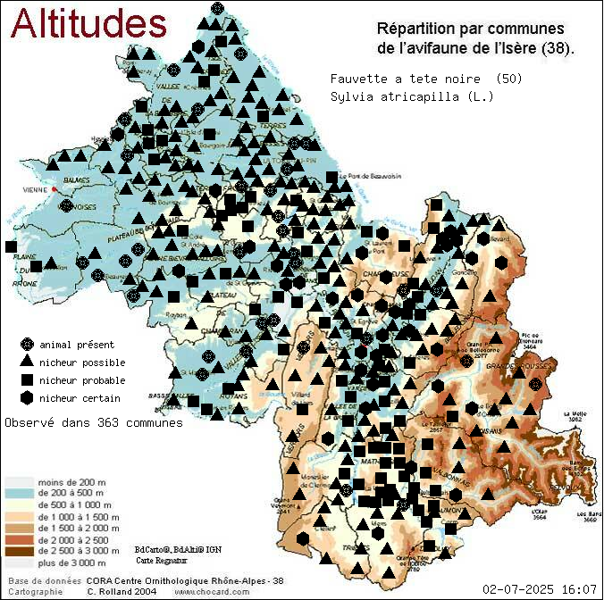 Fauvette  tte noire (Sylvia atricapilla (L.)): carte de rpartition en Isre