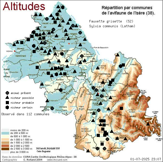 Fauvette grisette (Sylvia communis (Latham)): carte de rpartition en Isre