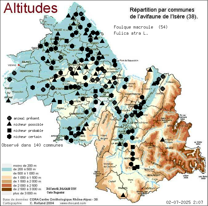 Foulque macroule (Fulica atra L.): carte de rpartition en Isre