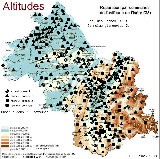 Geai des Chnes (Garrulus glandarius (L.)): carte de rpartition en Isre