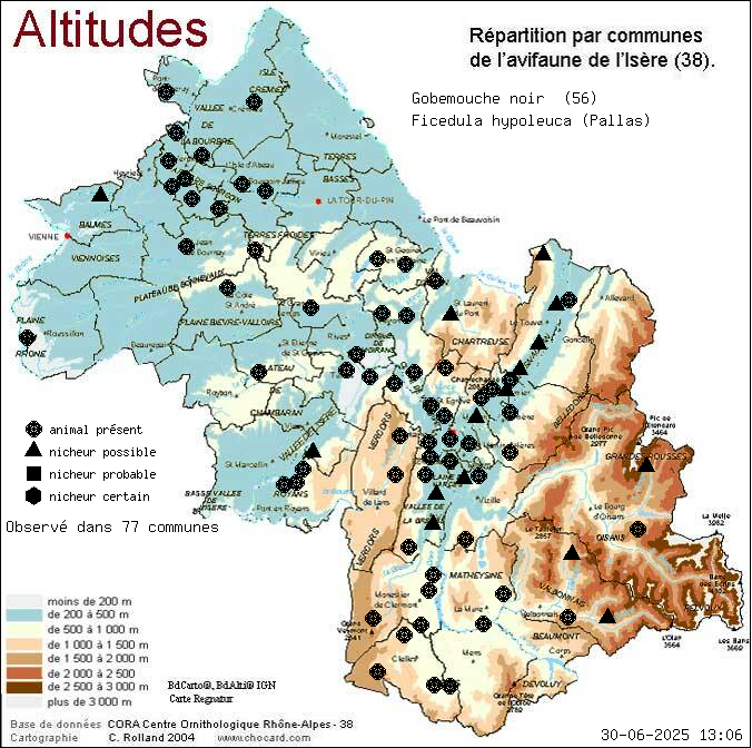 Gobemouche noir (Ficedula hypoleuca (Pallas)): carte de rpartition en Isre