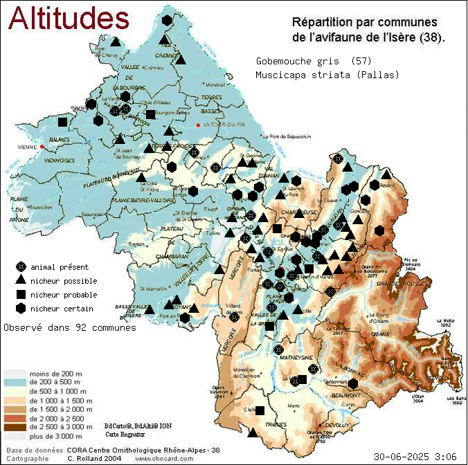 Gobemouche gris (Muscicapa striata (Pallas)): carte de rpartition en Isre