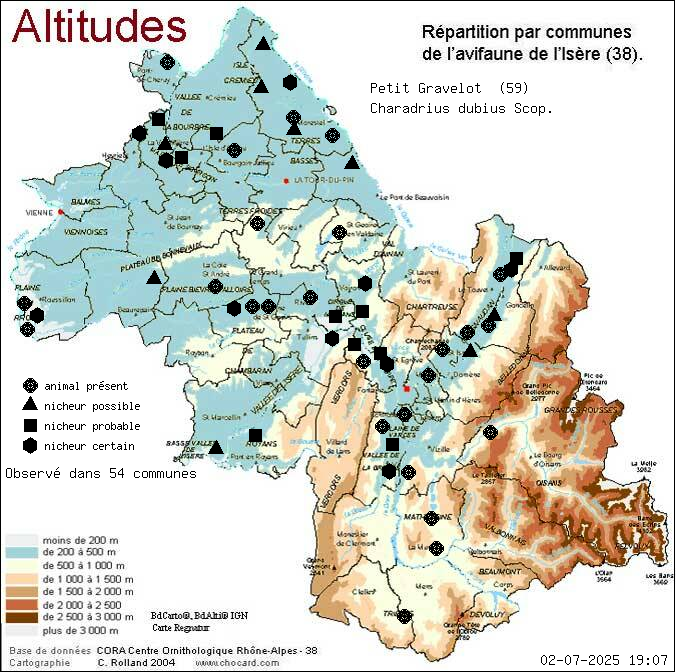 Petit Gravelot (Charadrius dubius Scop.): carte de rpartition en Isre