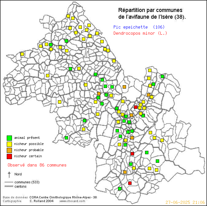 Pic peichette (Dendrocopos minor (L.)): carte de rpartition en Isre