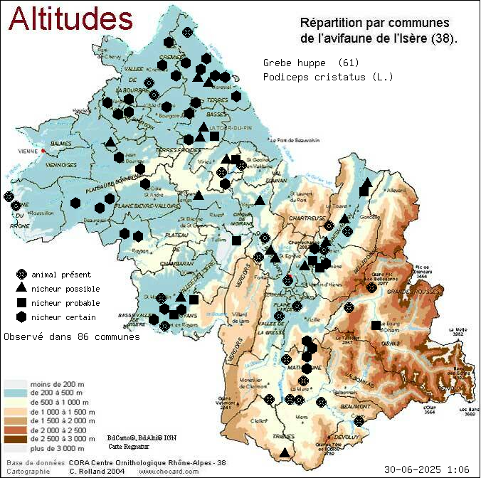 Grbe hupp (Podiceps cristatus (L.)): carte de rpartition en Isre