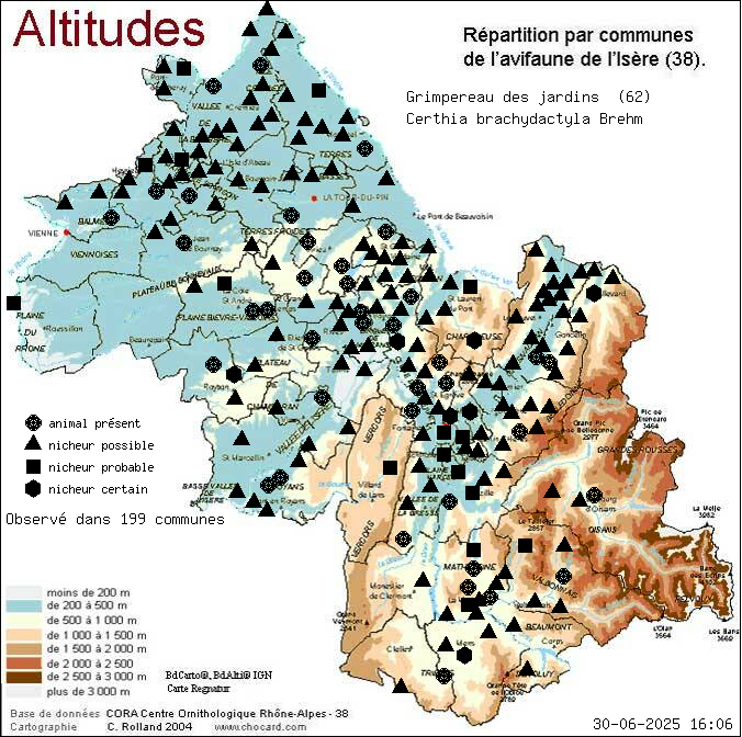 Grimpereau des jardins (Certhia brachydactyla Brehm): carte de rpartition en Isre