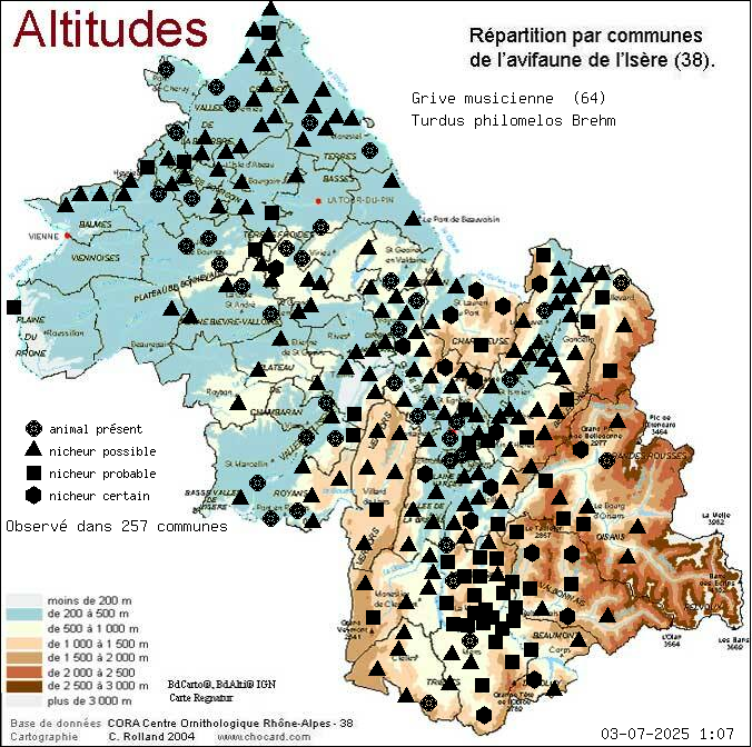 Carte de rpartition par communes en Isre d'une espce d'animal: Grive musicienne (Turdus philomelos Brehm) selon Altitudes