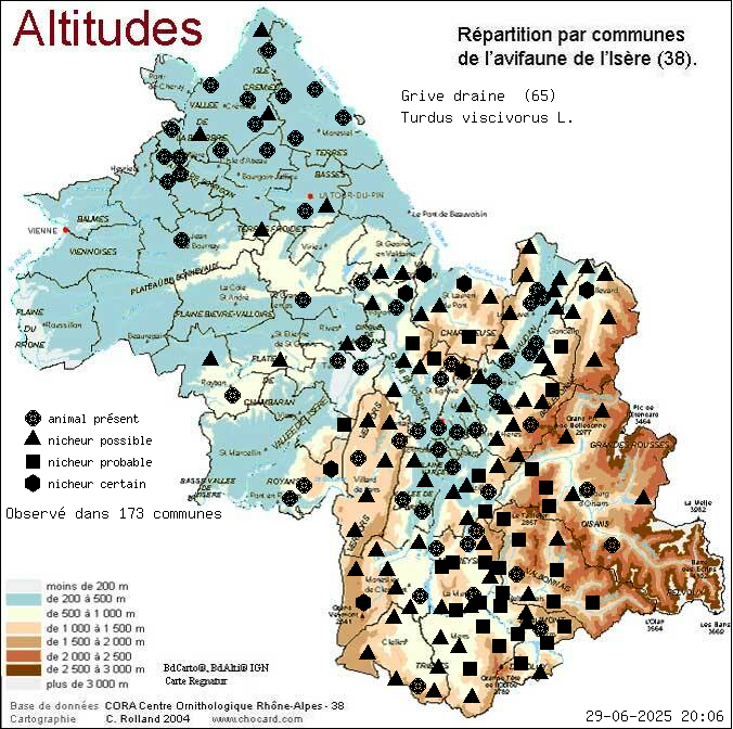Carte de rpartition par communes en Isre d'une espce d'animal: Grive draine (Turdus viscivorus L.) selon Altitudes