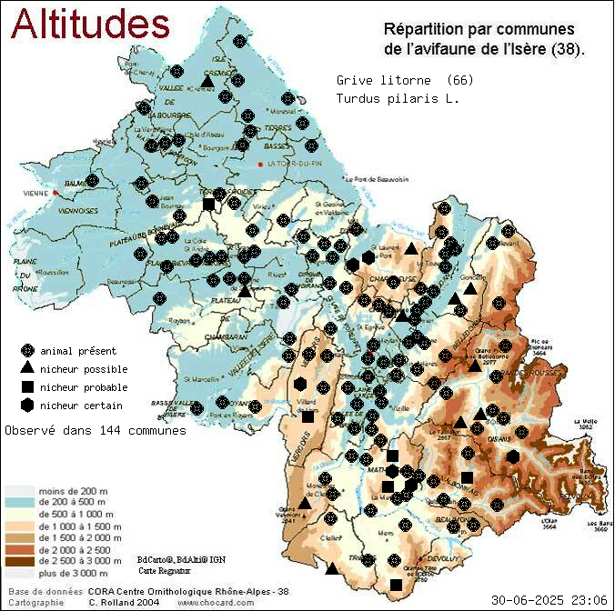 Grive litorne (Turdus pilaris L.): carte de rpartition en Isre