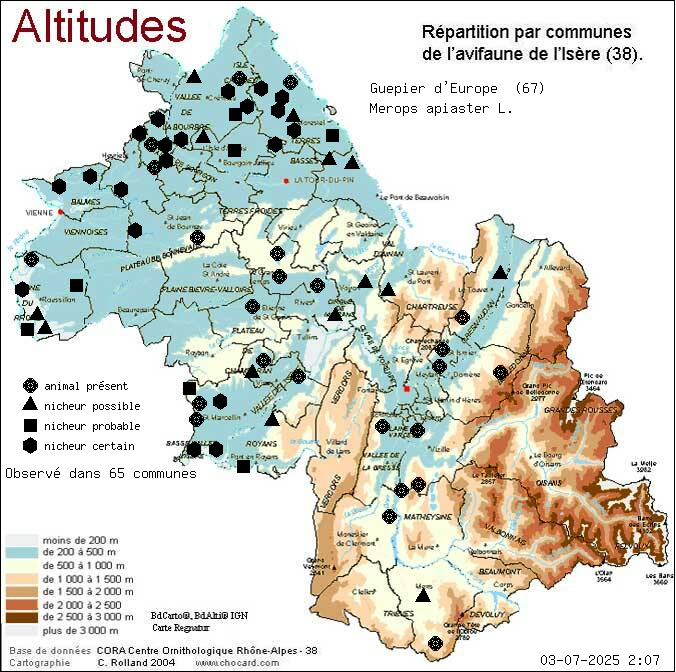 Gupier d Europe (Merops apiaster L.): carte de rpartition en Isre