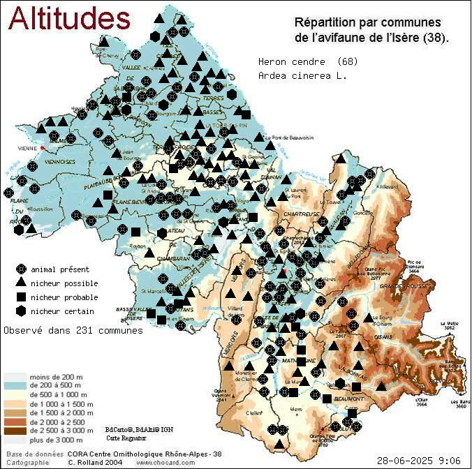 Hron cendr (Ardea cinerea L.): carte de rpartition en Isre