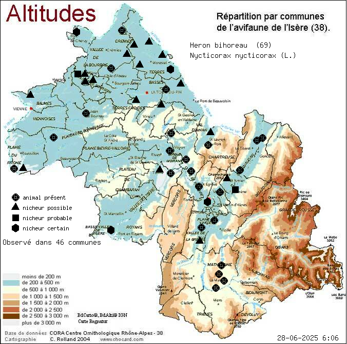 Hron bihoreau (Nycticorax nycticorax (L.)): carte de rpartition en Isre