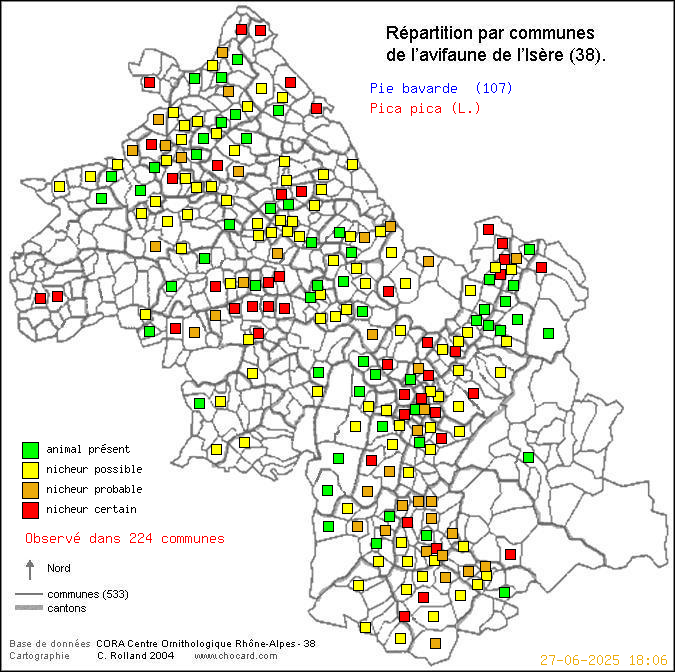 Carte de rpartition par communes en Isre d'une espce d'oiseau: Pie bavarde (Pica pica (L.)) selon Communes et cantons
