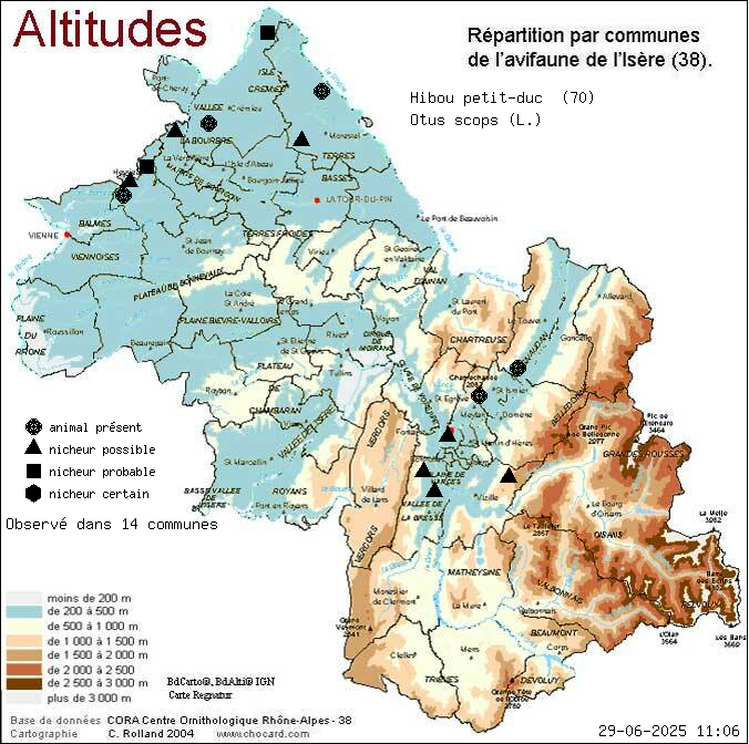 Carte de rpartition par communes en Isre d'une espce d'animal: Hibou petit-duc (Otus scops (L.)) selon Altitudes