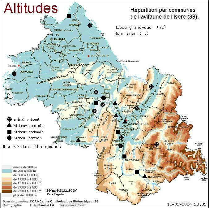 Carte de rpartition par communes en Isre d'une espce d'animal: Hibou grand-duc (Bubo bubo (L.)) selon Altitudes
