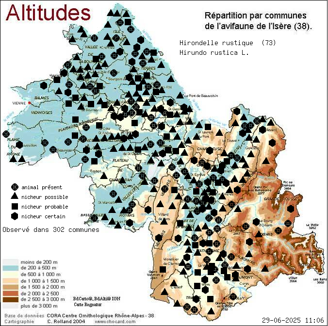 Hirondelle rustique (Hirundo rustica L.): carte de rpartition en Isre