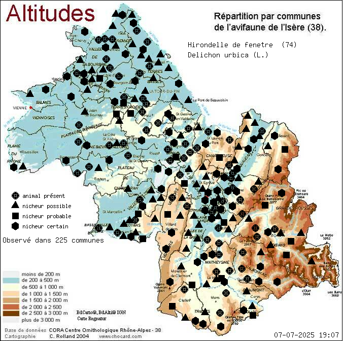 Hirondelle de fentre (Delichon urbica (L.)): carte de rpartition en Isre