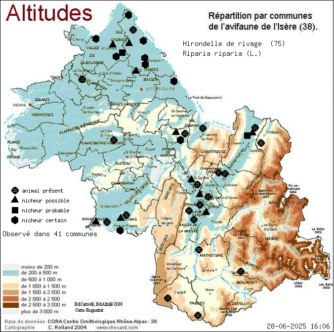 Hirondelle de rivage (Riparia riparia (L.)): carte de rpartition en Isre