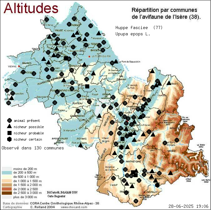 Huppe fascie (Upupa epops L.): carte de rpartition en Isre