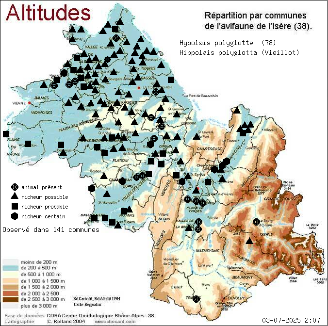 Hypolas polyglotte (Hippolais polyglotta (Vieillot)): carte de rpartition en Isre