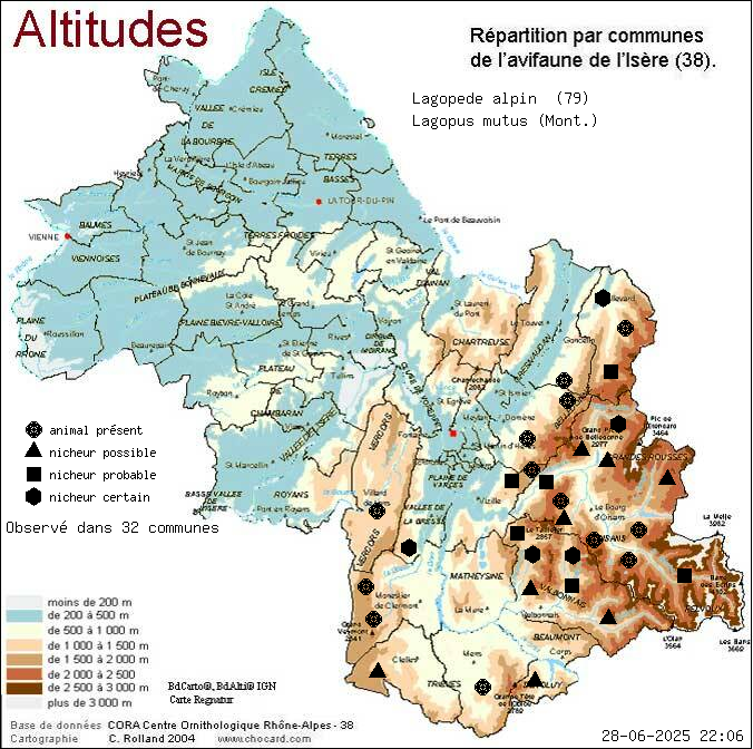 Lagopde alpin (Lagopus mutus (Mont.)): carte de rpartition en Isre