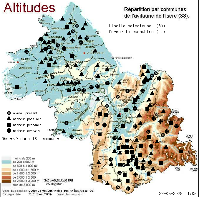 Linotte mlodieuse (Carduelis cannabina (L.)): carte de rpartition en Isre