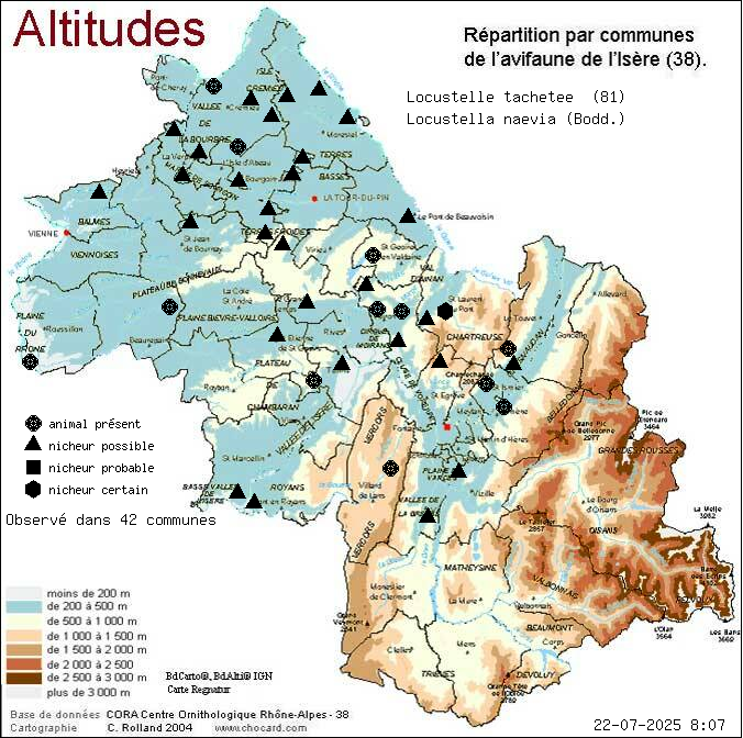Locustelle tachete (Locustella naevia (Bodd.)): carte de rpartition en Isre