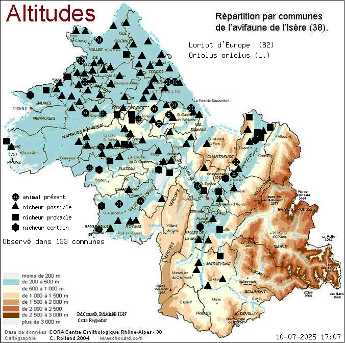 Loriot d Europe (Oriolus oriolus (L.)): carte de rpartition en Isre