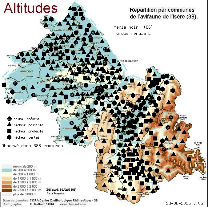 Merle noir (Turdus merula L.): carte de rpartition en Isre