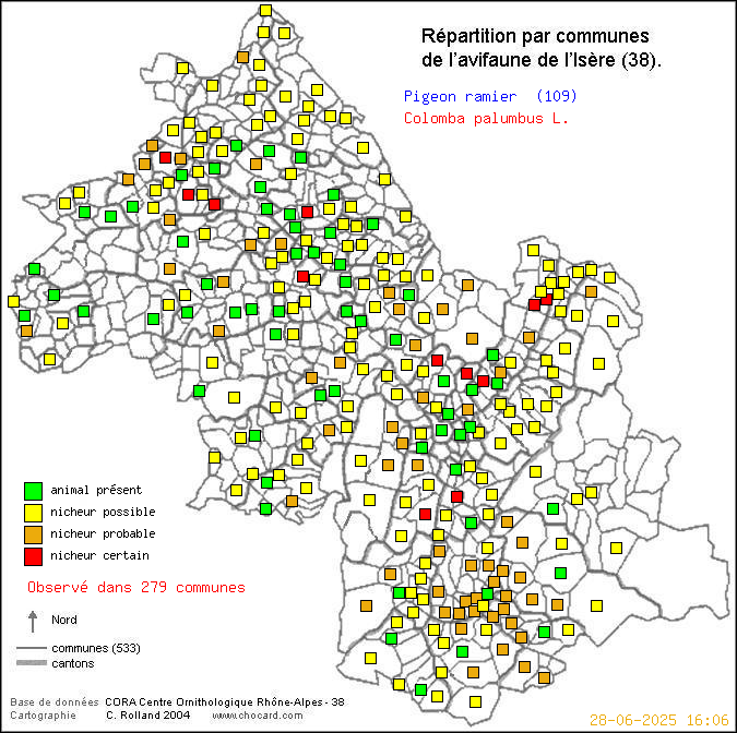 Pigeon ramier (Colomba palumbus L.): carte de rpartition en Isre