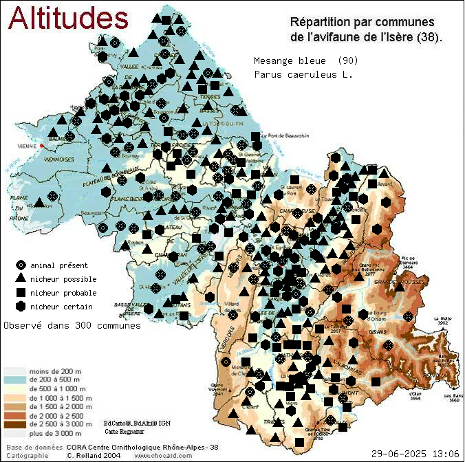 Msange bleue (Parus caeruleus L.): carte de rpartition en Isre
