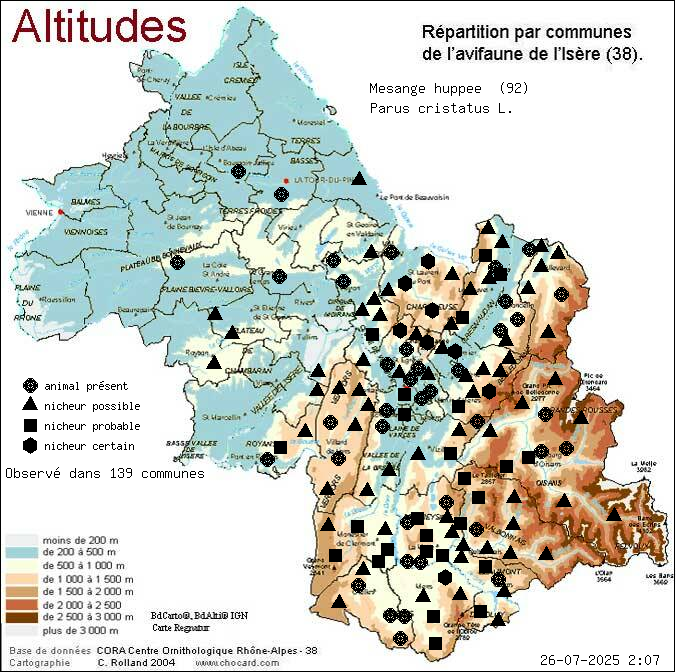 Msange huppe (Parus cristatus L.): carte de rpartition en Isre